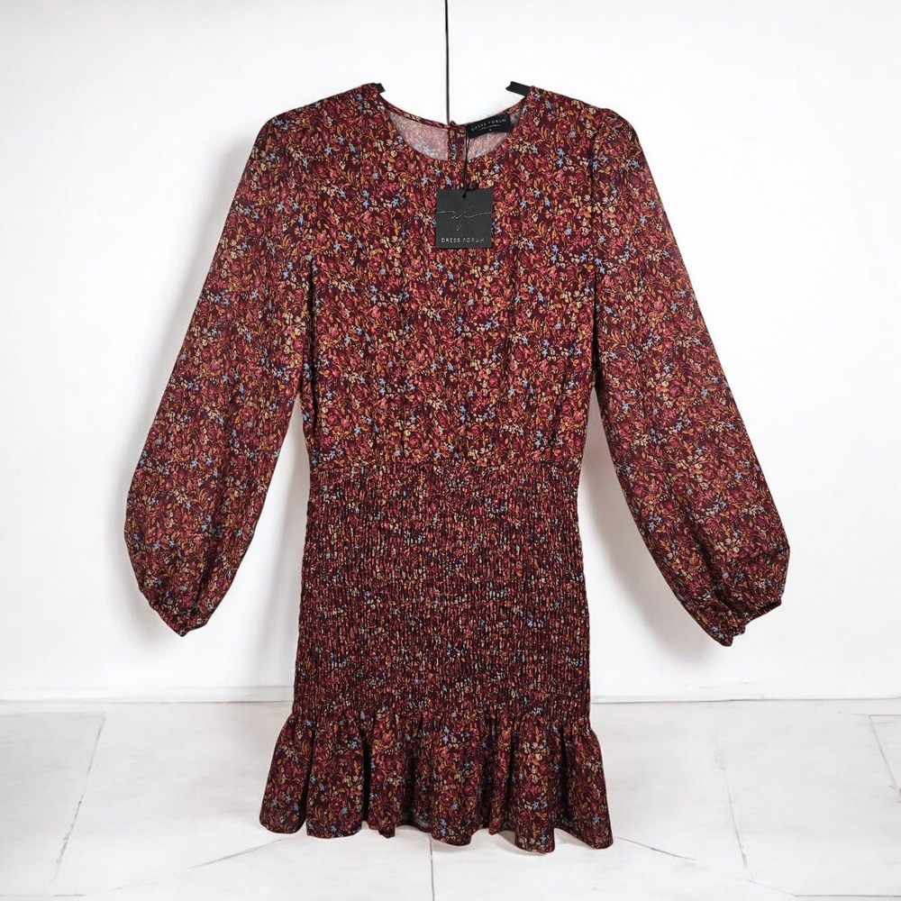 Dress Forum Mini Dress Woman Small Burgundy Floral Smocked Waist Long Sleeve NWT